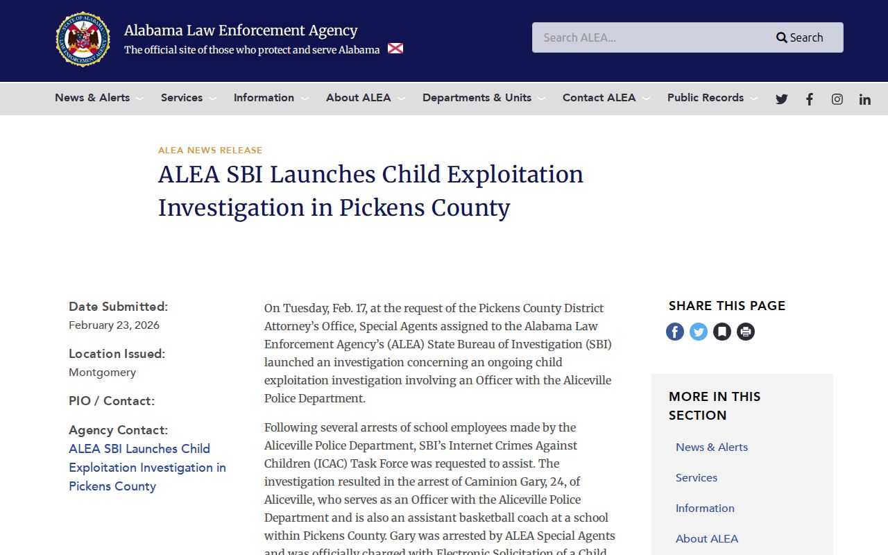 ALEA Pickens County criminal investigation source notice